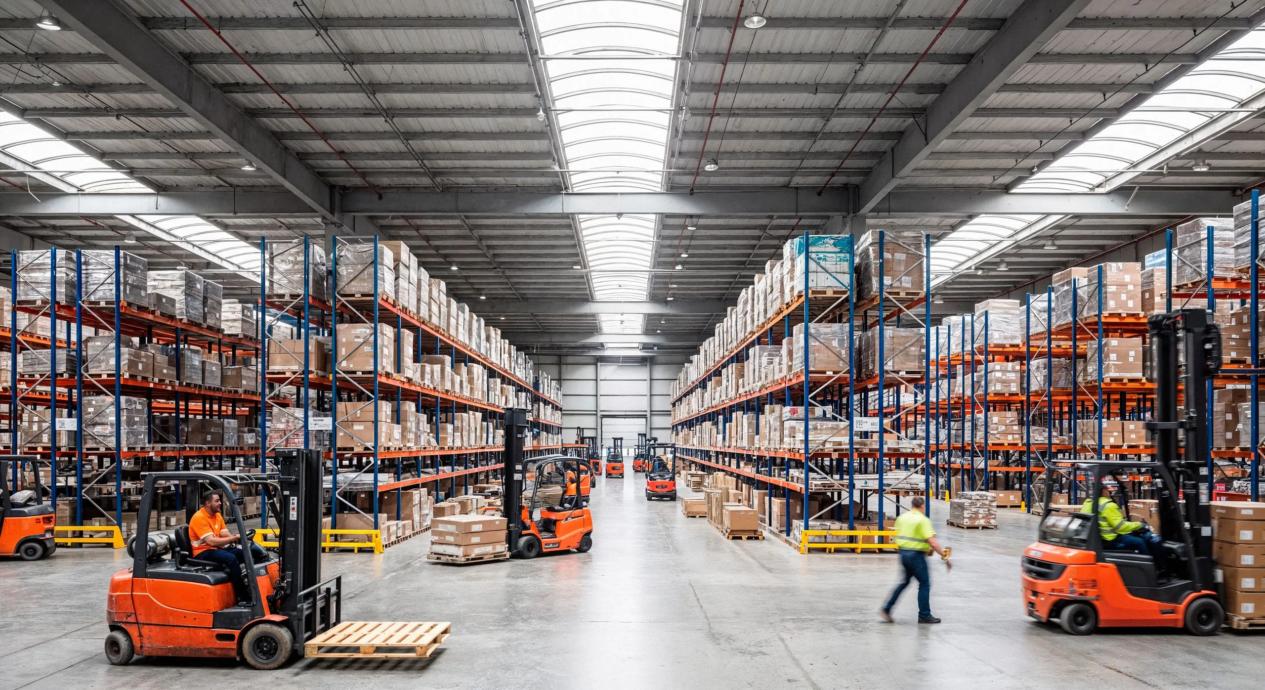 Nave de almacenaje de Bodegable con racks, montacargas y personal operando