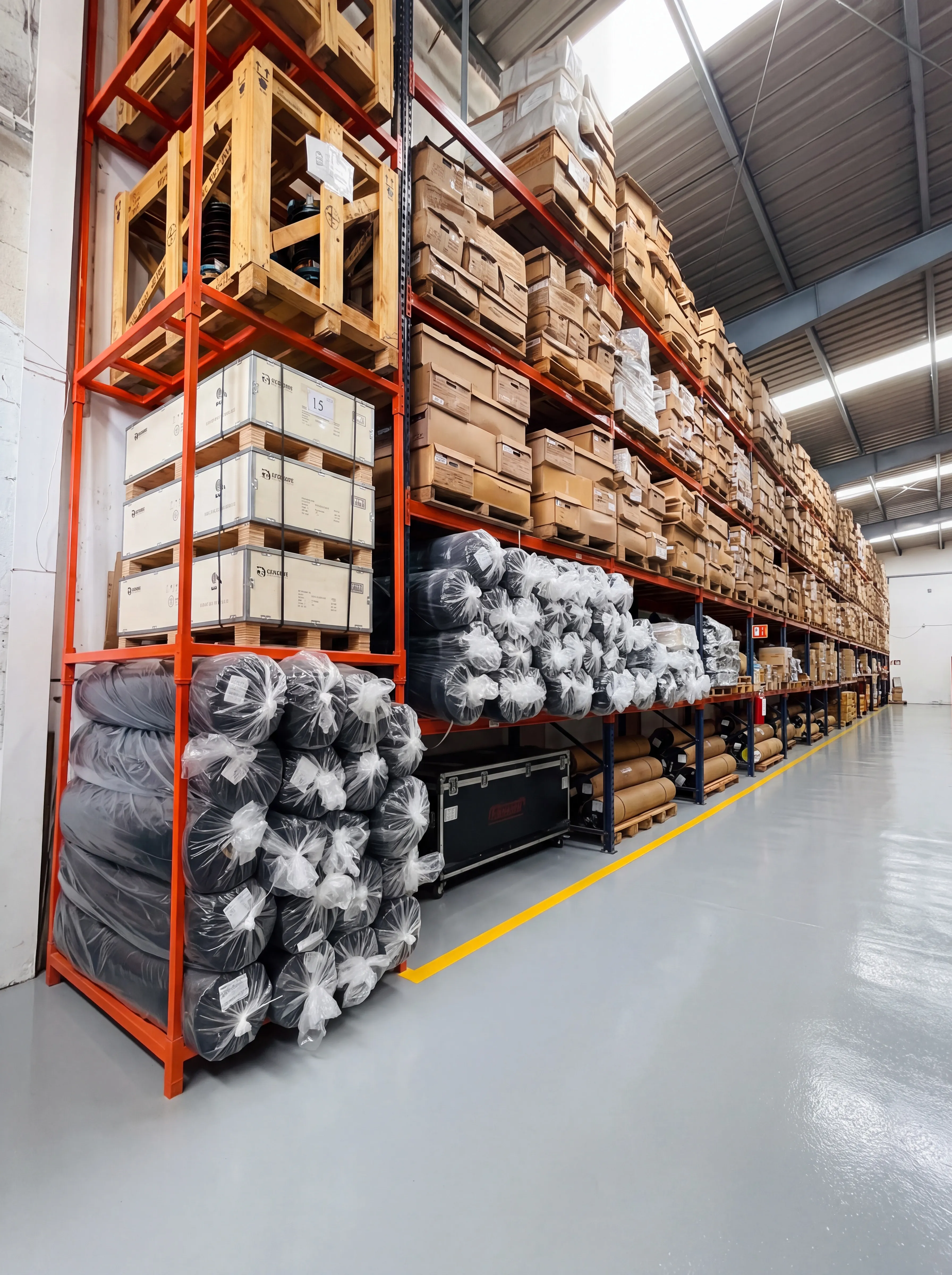 Racks de la bodega con huacales de madera, cajas y rollos de material estibados por nivel