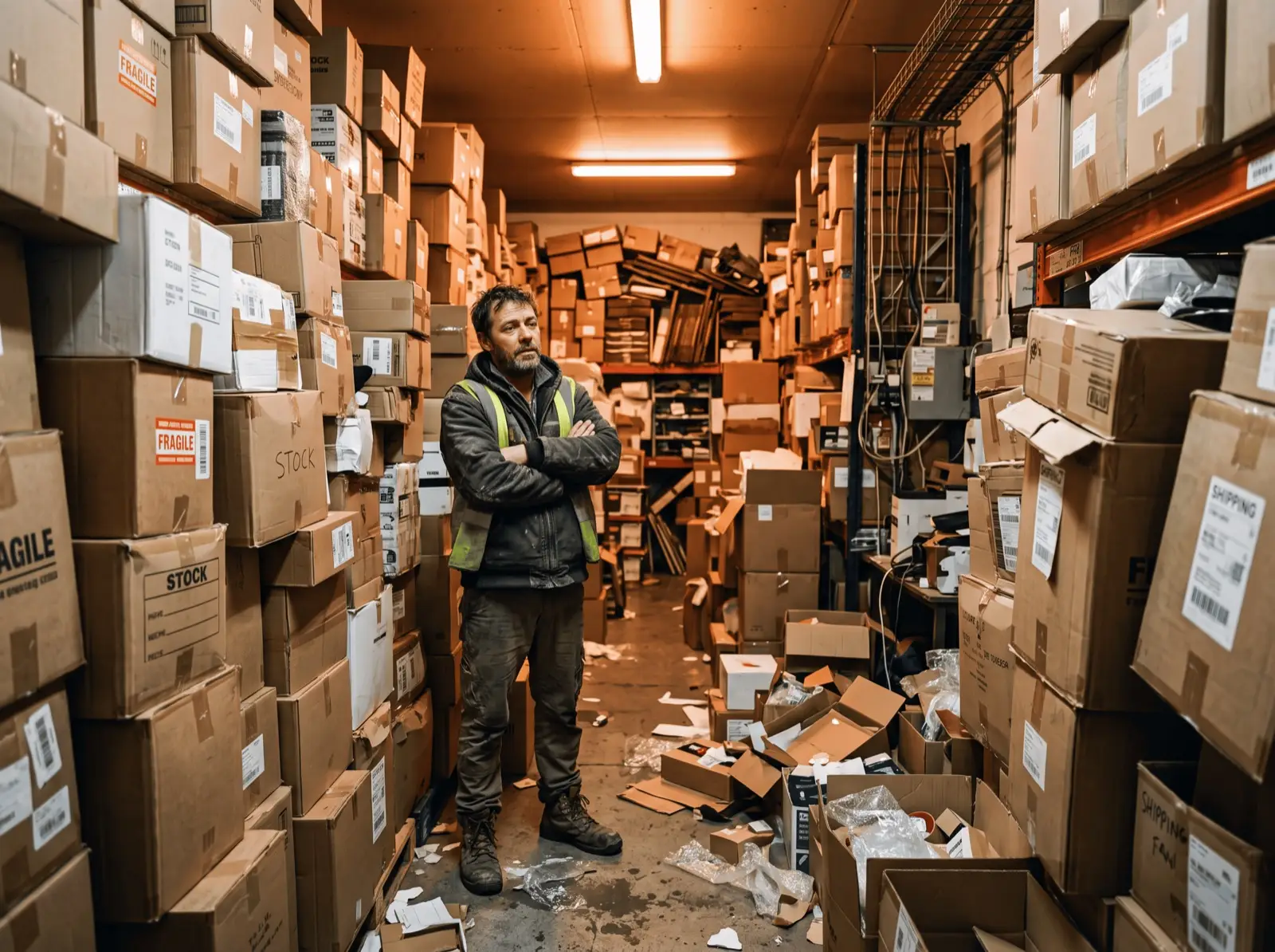 Pasillo de racks industriales cargados de mercancía