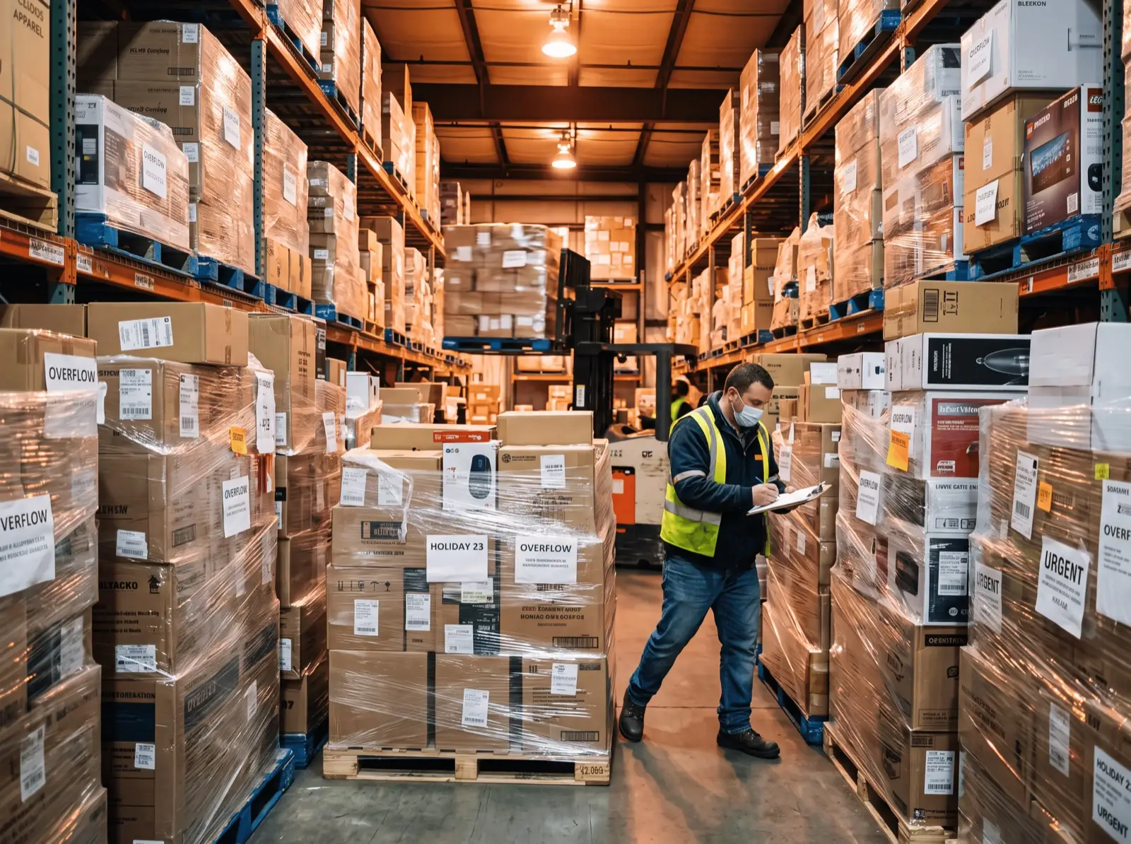 Montacargas colocando un pallet en un rack industrial