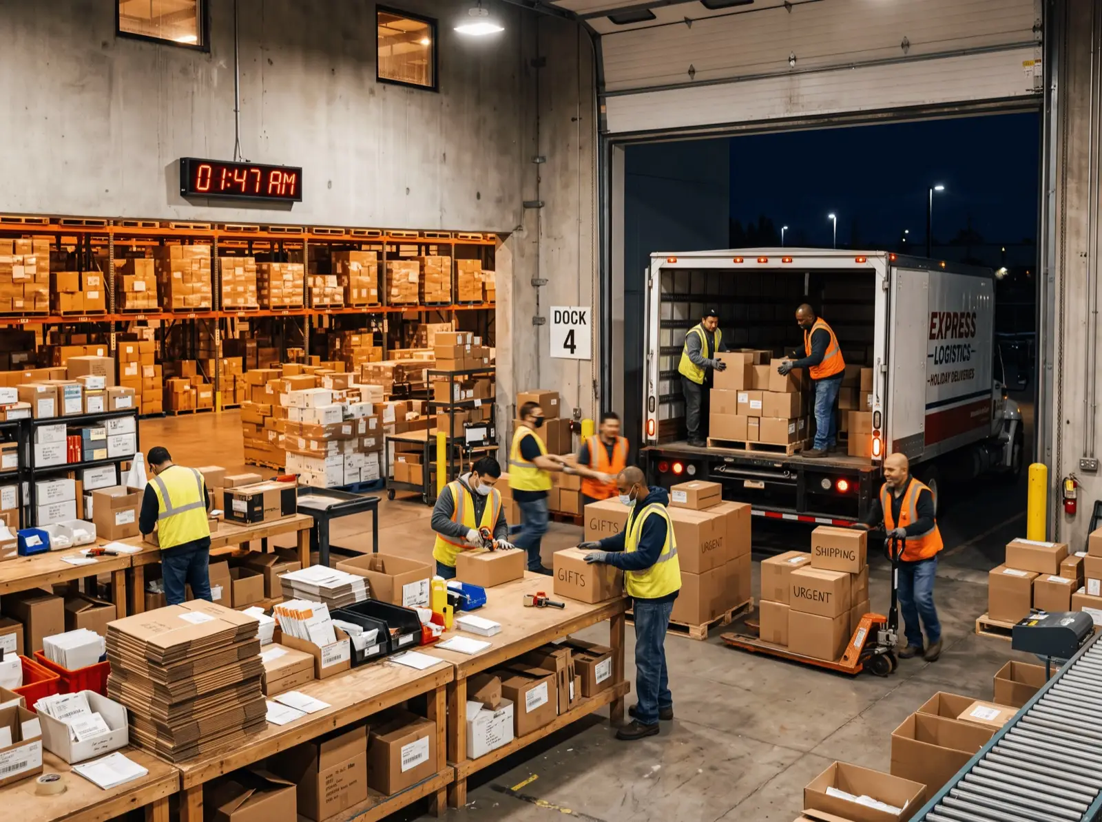 Operadores cargando pedidos de e-commerce en una camioneta de reparto
