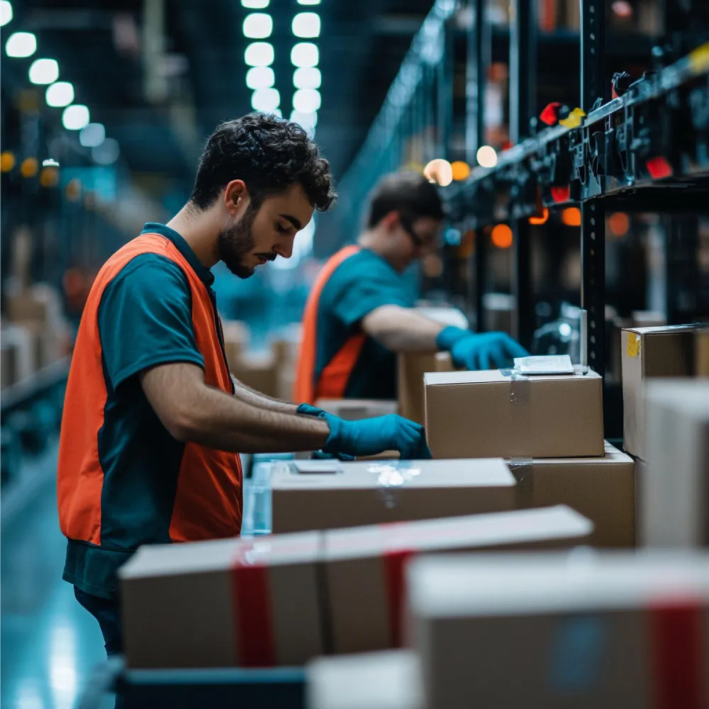Operadores empacando y sellando pedidos en la línea de preparación